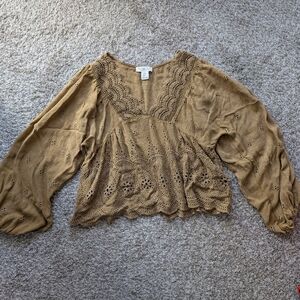 Boho Women's Lacey Peasant Top With Balloon Sleeves Tan Size S